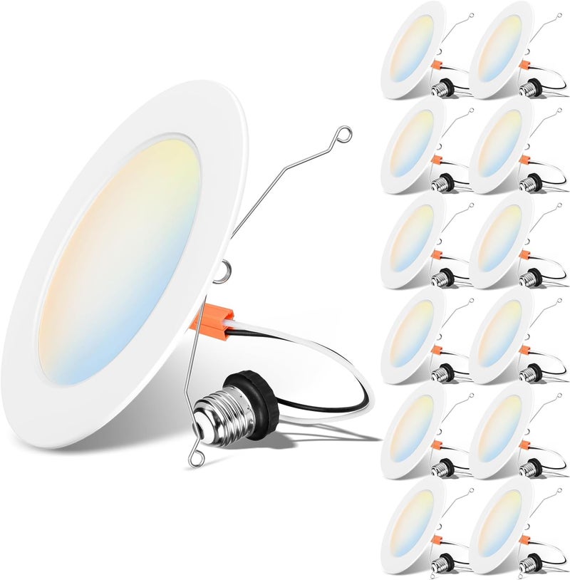 LVWIT LED Recessed Light 6Inch, Can Lighting Color Selectable 2700/3000/4000/5000/6000K 5CCT, 10W(120W Equivalent) Dimmable Downlight with E26 Conversion Kit, Retro Fit Ceiling Light Fixtures, 12 Pack - Image 1